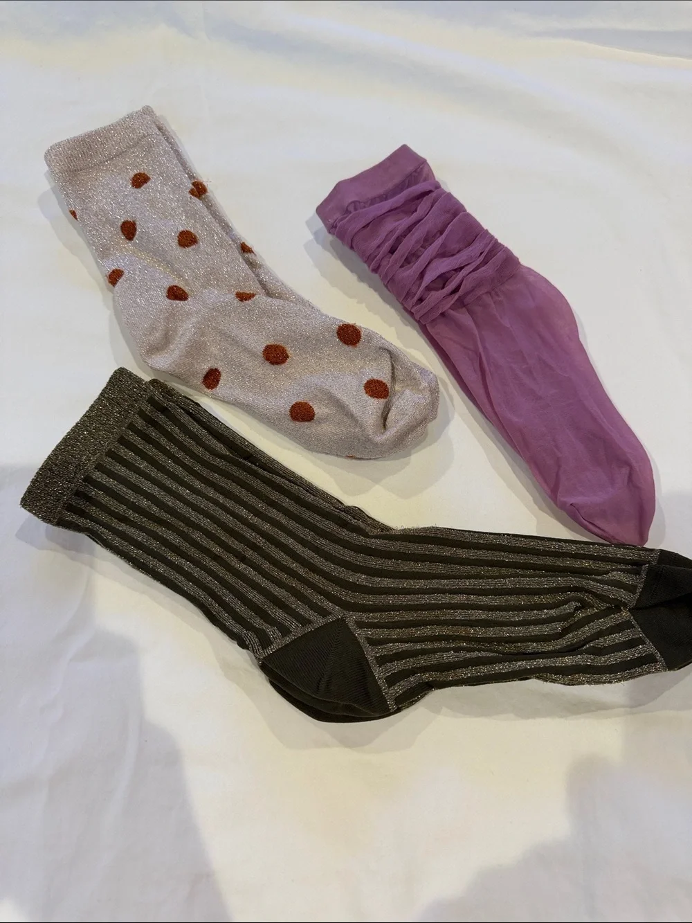 Women's Mixed Pattern Crew Socks - Polka Dot, Sheer Purple & Metallic Stripe